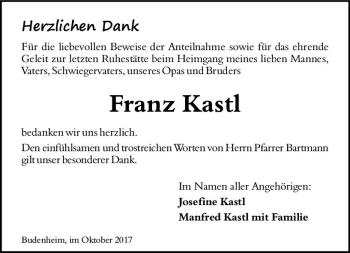 Traueranzeige von Franz Kastl von Trauerportal Rhein Main Presse