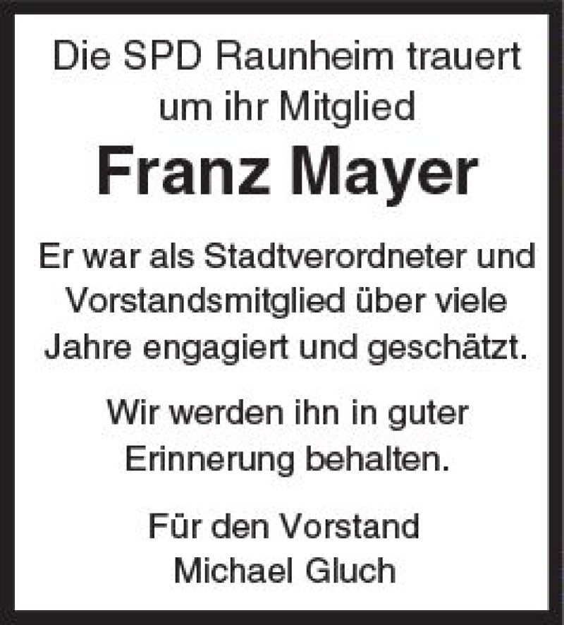 Traueranzeige für Franz Mayer vom 04.10.2017 aus Trauerportal Rhein Main Presse