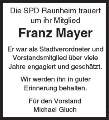 Traueranzeige von Franz Mayer von Trauerportal Rhein Main Presse