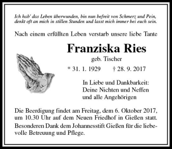 Traueranzeige von Franziska Ries von  Gießener Anzeiger