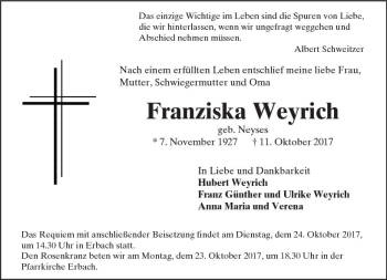 Traueranzeige von Franziska Weyrich von  Camberger Anzeiger