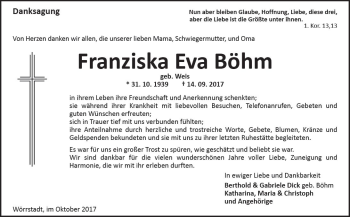 Traueranzeige von Franziska Eva Böhm von Trauerportal Rhein Main Presse