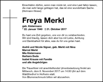 Traueranzeige von Freya Merkl von Trauerportal Rhein Main Presse