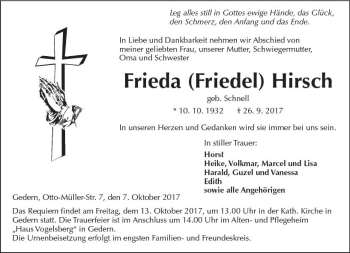 Traueranzeige von Frieda Hirsch von  Kreisanzeiger