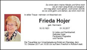 Traueranzeige von Frieda Hojer von Trauerportal Echo Online