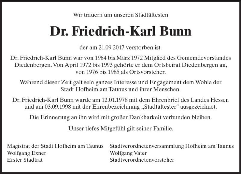  Traueranzeige für Friedrich-Karl Bunn vom 06.10.2017 aus Trauerportal Rhein Main Presse