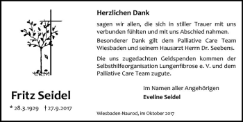 Traueranzeige von Fritz Seidel von Trauerportal Rhein Main Presse