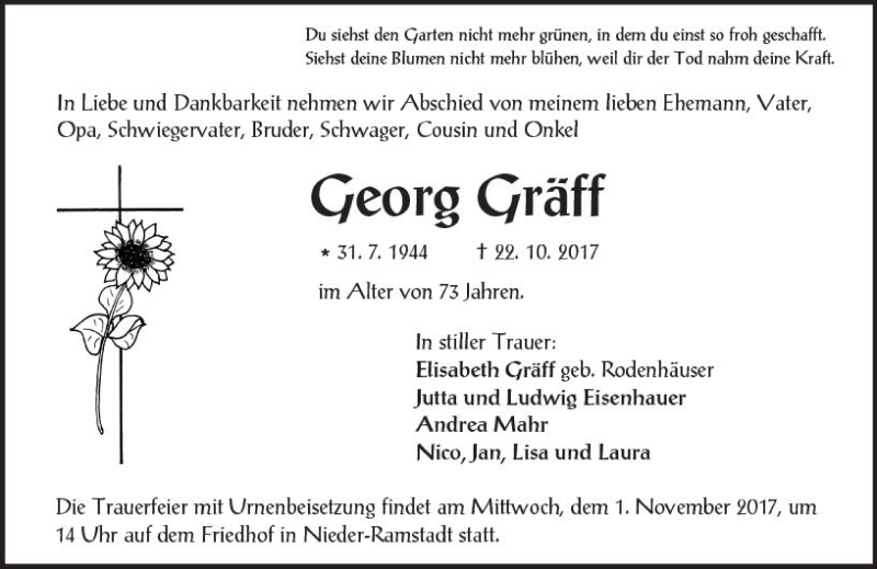 Traueranzeige für Georg Gräff vom 28.10.2017 aus Trauerportal Echo Online