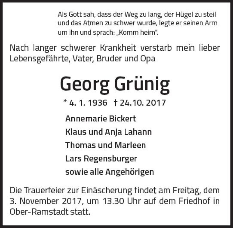 Traueranzeige für Georg Grünig vom 28.10.2017 aus Trauerportal Echo Online
