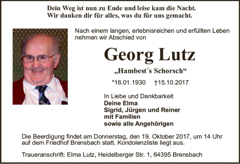  Traueranzeige für Georg Lutz vom 17.10.2017 aus Trauerportal Echo Online