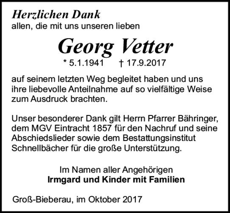 Traueranzeige für Georg Vetter vom 21.10.2017 aus Trauerportal Echo Online