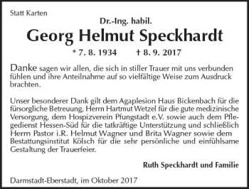 Traueranzeige von Georg Helmut Speckhardt von Trauerportal Echo Online