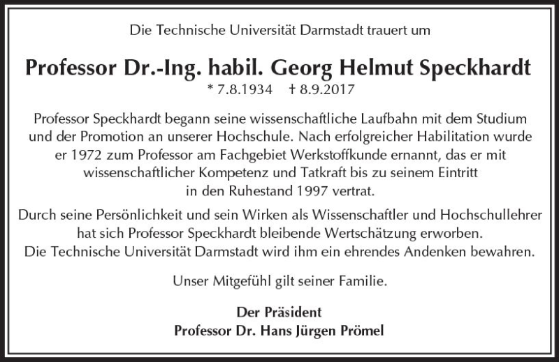  Traueranzeige für Georg Helmut Speckhardt vom 14.10.2017 aus Trauerportal Echo Online