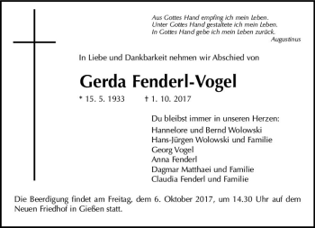 Traueranzeige von Gerda Fenderi-Vogel von  Gießener Anzeiger