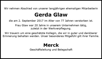 Traueranzeige von Gerda Glaw von Trauerportal Echo Online