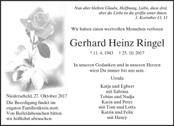 Traueranzeige von Gerhard Heinz Ringel von  Kreisanzeiger