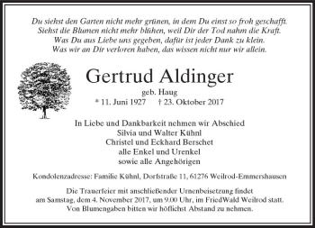 Traueranzeige von Gertrud Aldinger von  Usinger Anzeiger