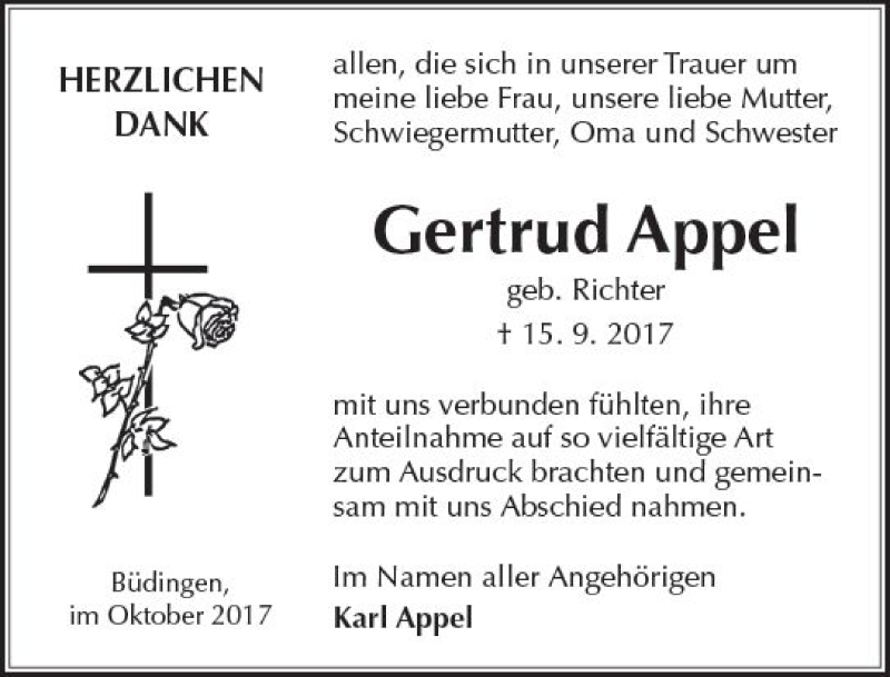 Traueranzeige für Gertrud Appel vom 14.10.2017 aus  Kreisanzeiger