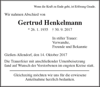 Traueranzeige von Gertrud Henkelmann von  Gießener Anzeiger
