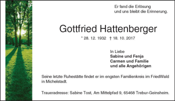Traueranzeige von Gottfried Hattenberger von Trauerportal Echo Online