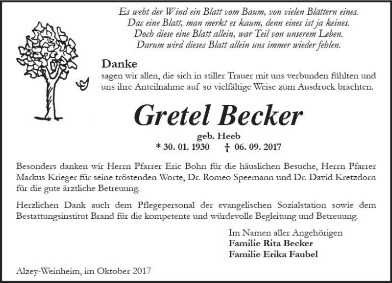  Traueranzeige für Gretel Becker vom 14.10.2017 aus Trauerportal Rhein Main Presse