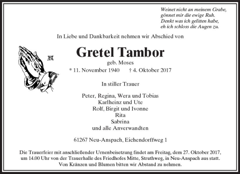  Traueranzeige für Gretel Tambor vom 14.10.2017 aus  Usinger Anzeiger