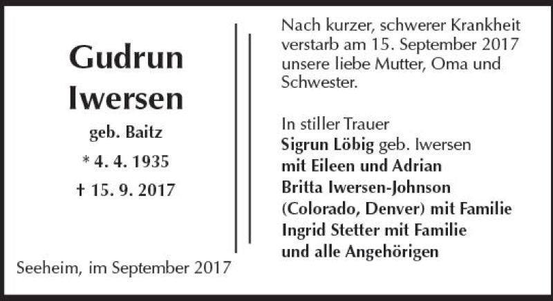  Traueranzeige für Gudrun Iwersen vom 07.10.2017 aus Trauerportal Echo Online