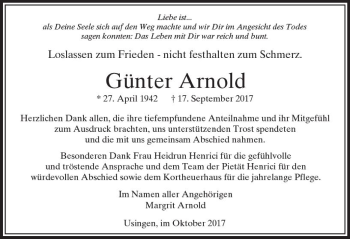 Traueranzeige von Günter Arnold von  Usinger Anzeiger