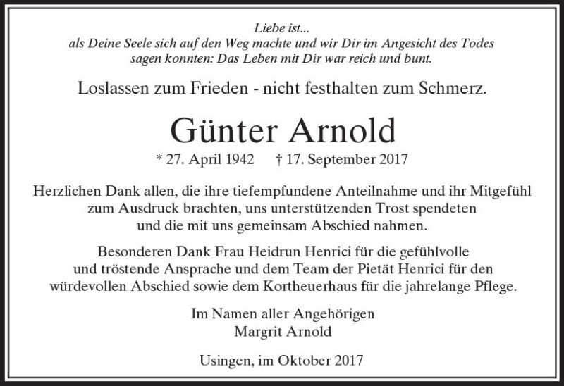  Traueranzeige für Günter Arnold vom 07.10.2017 aus  Usinger Anzeiger