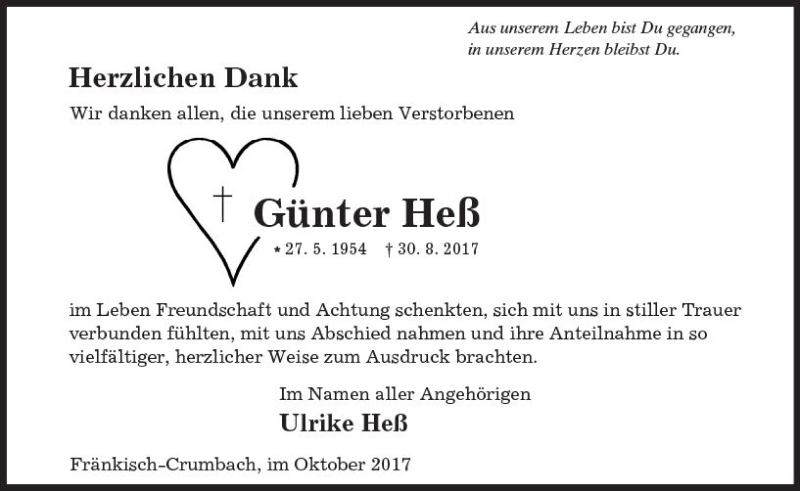  Traueranzeige für Günter Heß vom 28.10.2017 aus Trauerportal Echo Online