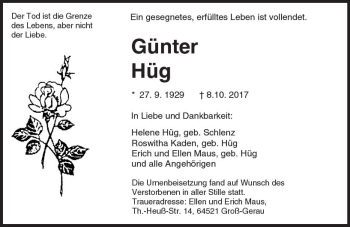Traueranzeige von Günter Hüg von Trauerportal Echo Online