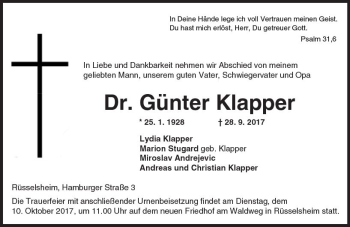 Traueranzeige von Günter Klapper von Trauerportal Rhein Main Presse