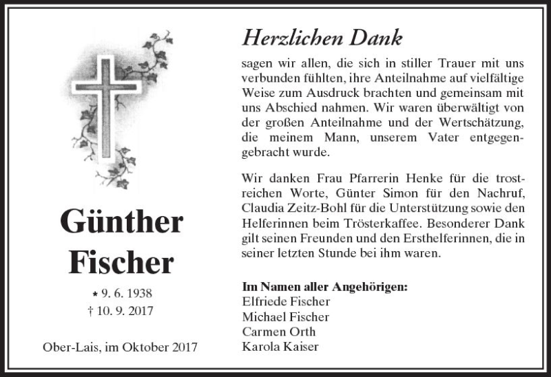  Traueranzeige für Günther Fischer vom 21.10.2017 aus  Kreisanzeiger