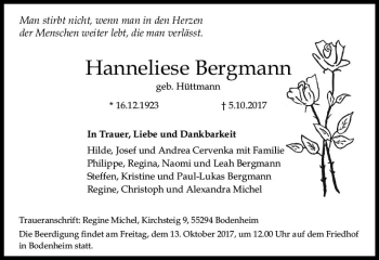 Traueranzeige von Hanneliese Bergmann von Trauerportal Rhein Main Presse