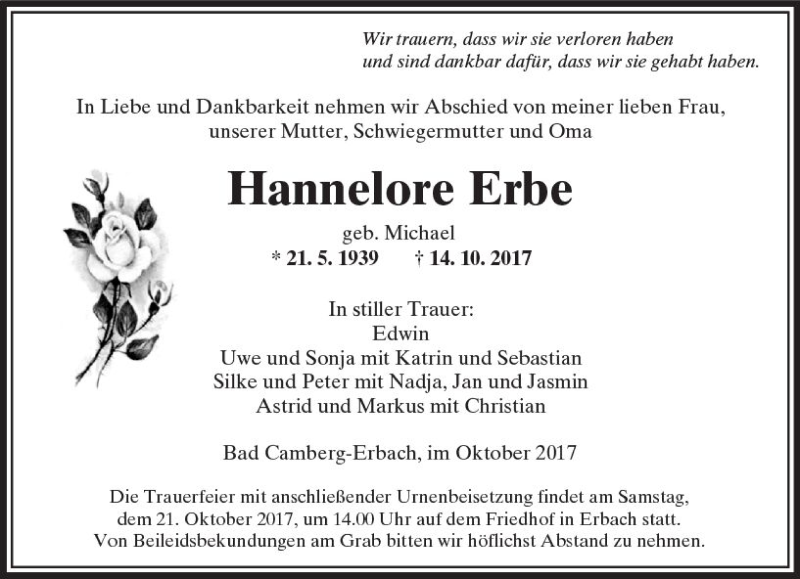  Traueranzeige für Hannelore Erbe vom 19.10.2017 aus  Camberger Anzeiger