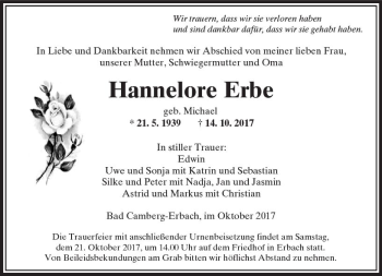 Traueranzeige von Hannelore Erbe von  Camberger Anzeiger