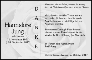 Traueranzeige von Hannelore Jung von  Usinger Anzeiger