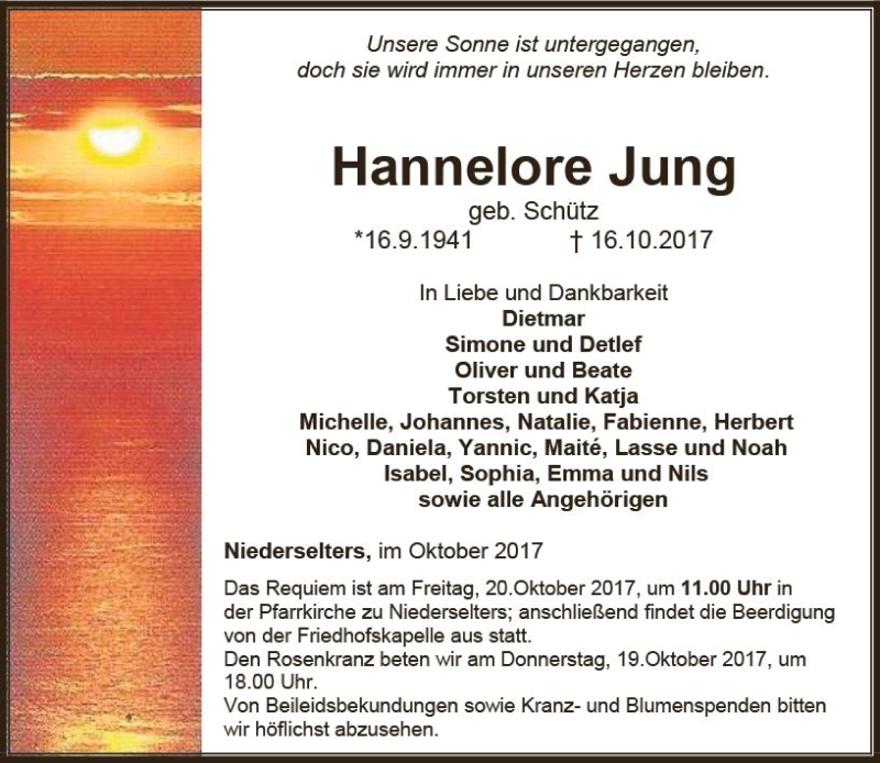  Traueranzeige für Hannelore Jung vom 19.10.2017 aus  Camberger Anzeiger