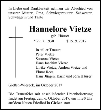 Traueranzeige von Hannelore Vietze von  Gießener Anzeiger
