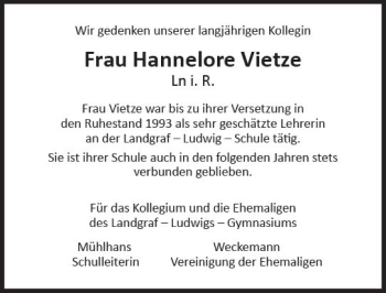 Traueranzeige von Hannelore Vietze von  Gießener Anzeiger
