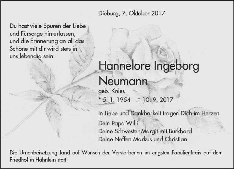  Traueranzeige für Hannelore Ingeborg Neumann vom 07.10.2017 aus Trauerportal Echo Online
