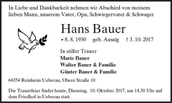 Traueranzeige von Hans Bauer von Trauerportal Echo Online