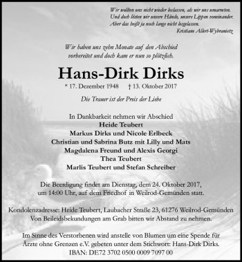 Traueranzeige von Hans-Dirk Dirks von  Usinger Anzeiger