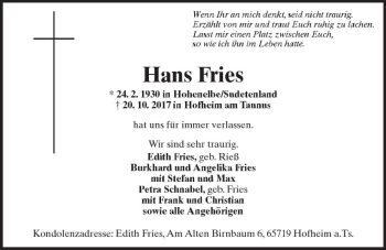 Traueranzeige von Hans Fries von Trauerportal Rhein Main Presse