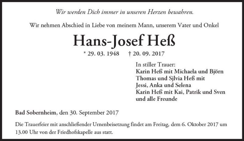  Traueranzeige für Hans-Josef Heß vom 02.10.2017 aus Trauerportal Rhein Main Presse