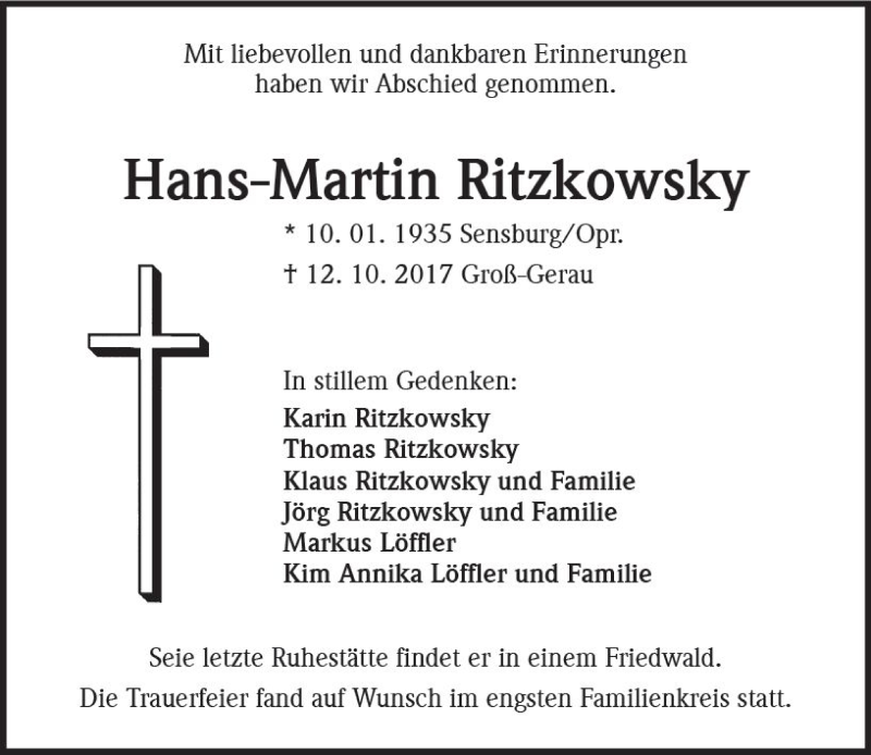  Traueranzeige für Hans-Martin Ritzkowsky vom 21.10.2017 aus Trauerportal Echo Online