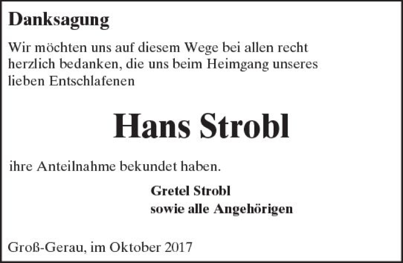  Traueranzeige für Hans Strobl vom 21.10.2017 aus Trauerportal Echo Online