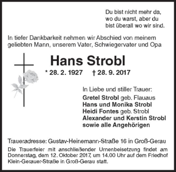 Traueranzeige von Hans Strobl von Trauerportal Echo Online