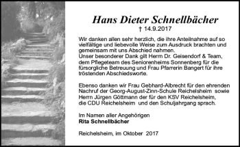 Traueranzeige von Hans Dieter Schnellbächer von Trauerportal Echo Online