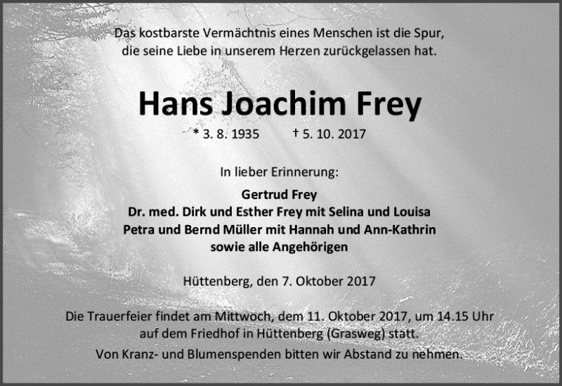 Traueranzeige für Hans Joachim Frey vom 07.10.2017 aus  Gießener Anzeiger